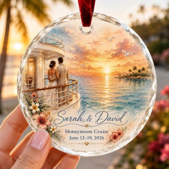 Picture of Personalized Honeymoon Cruise Ornament, Custom Couple Christmas Ornament, Newlywed Cruise Gift, Wedding Keepsake, Beach Vacation Ornament