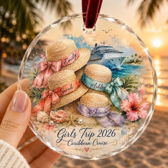 Picture of Personalized Girls Trip Cruise Ornament, Custom Best Friend Christmas Gift, Straw Hat Name Keepsake, Caribbean Cruise Vacation Decor Friends