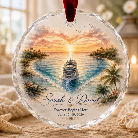 Picture of Personalized Honeymoon Cruise Ornament, Custom Couple Christmas Keepsake, Romantic Cruise Gift, Newlywed Vacation Ornament, Beach Decor