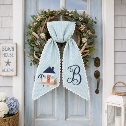Picture of Personalized Coastal Wreath Sash, Beach House Embroidered Door Bow, Summer Front Door Wreath Bow, Nautical Monogram Decor Beach House
