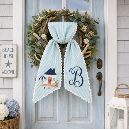 Picture of Personalized Coastal Wreath Sash, Beach House Embroidered Door Bow, Summer Front Door Wreath Bow, Nautical Monogram Decor Beach House