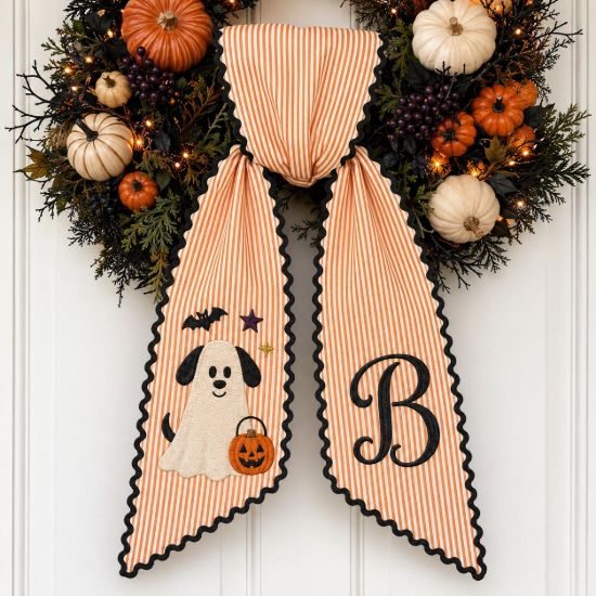 Picture of Personalized Ghost Dog Halloween Wreath Sash, Custom Monogram Door Bow, Embroidered Halloween Front Door Decor, Dog Lover Gift Halloween