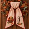 Picture of Personalized Thanksgiving Turkey Wreath Sash, Custom Monogram Door Bow,Embroidered Fall Front Door Decor, Harvest Wreath Ribbon Thanksgiving
