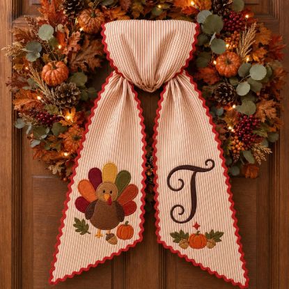 Picture of Personalized Thanksgiving Turkey Wreath Sash, Custom Monogram Door Bow,Embroidered Fall Front Door Decor, Harvest Wreath Ribbon Thanksgiving