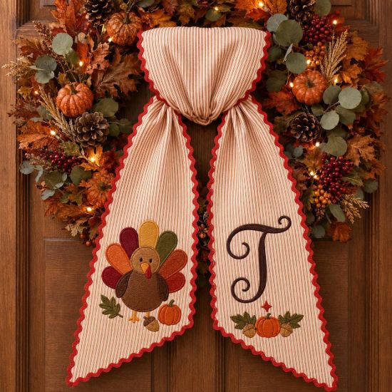 Picture of Personalized Thanksgiving Turkey Wreath Sash, Custom Monogram Door Bow,Embroidered Fall Front Door Decor, Harvest Wreath Ribbon Thanksgiving