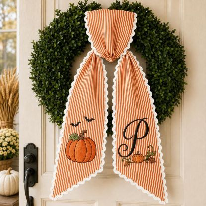 Picture of Personalized Pumpkin Wreath Sash, Custom Monogram Fall Door Bow, Embroidered Autumn Front Door Decor, Harvest Wreath Ribbon Gift Halloween