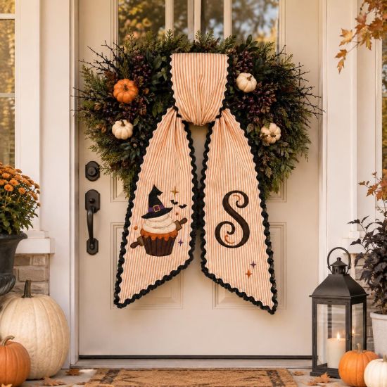 Picture of Personalized Halloween Wreath Sash, Witch Cupcake Door Bow, Custom Monogram Wreath Ribbon, Embroidered Front Door Decor, Fall Porch Decor
