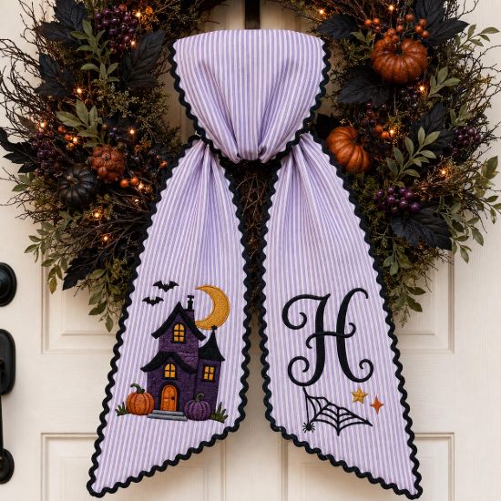 Picture of Personalized Halloween Wreath Sash, Haunted House Door Bow, Custom Monogram Wreath Ribbon, Embroidered Front Door Decor, Purple Bow Sash