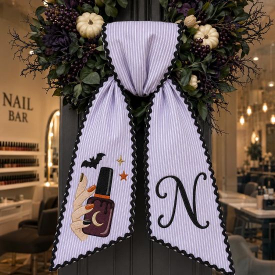 Picture of Personalized Halloween Nail Tech Wreath Sash, Custom Monogram Door Bow, Embroidered Nail Salon Decor,Spooky Front Door Ribbon Gift Nail Shop