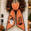 Picture of Personalized Ghost Halloween Wreath Sash, Custom Monogram Door Bow,Embroidered Pumpkin Front Door Decor, Spooky Fall Wreath Ribbon Halloween