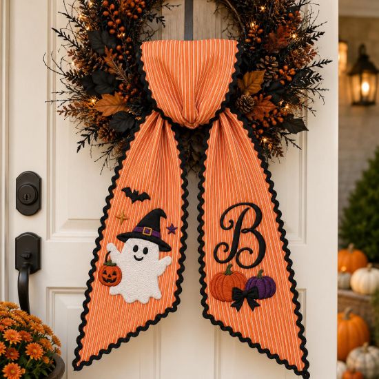 Picture of Personalized Ghost Halloween Wreath Sash, Custom Monogram Door Bow,Embroidered Pumpkin Front Door Decor, Spooky Fall Wreath Ribbon Halloween