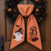 Picture of Personalized Ghost Halloween Wreath Sash, Custom Monogram Door Bow,Embroidered Pumpkin Front Door Decor, Spooky Fall Wreath Ribbon Halloween