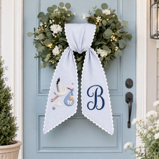 Picture of Personalized Baby Boy Wreath Sash, Stork Birth Announcement Door Bow, Custom Monogram Embroidered Front Door Decor, New Baby Gift Sash