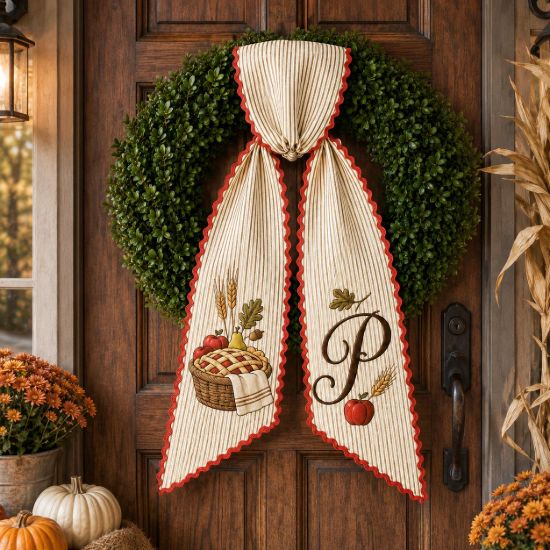 Picture of Personalized Thanksgiving Wreath Sash, Harvest Pie Basket Door Bow, Custom Monogram Embroidered Fall Front Door Decor Gift Halloween