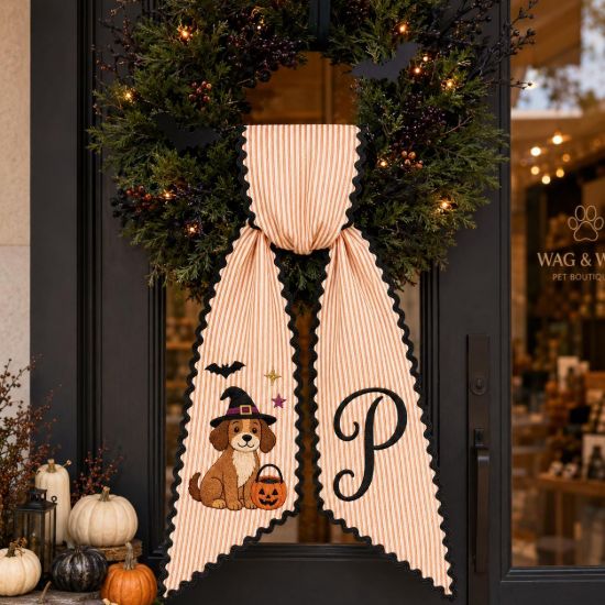 Picture of Personalized Halloween Dog Wreath Sash, Custom Pet Embroidered Door Bow, Monogram Puppy Halloween Decor, Fall Front Door Bow Gift Halloween