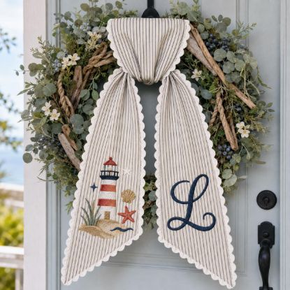 Picture of Personalized Coastal Lighthouse Wreath Sash, Beach House Door Bow, Custom Monogram Embroidered Front Door Decor, Nautical Gift Beach House