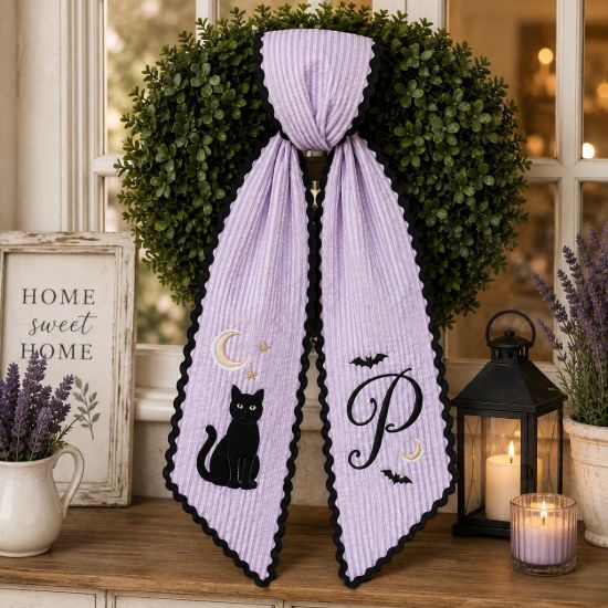 Picture of Personalized Black Cat Halloween Wreath Sash, Custom Monogram Door Bow, Embroidered Spooky Front Door Decor, Purple Halloween Ribbon
