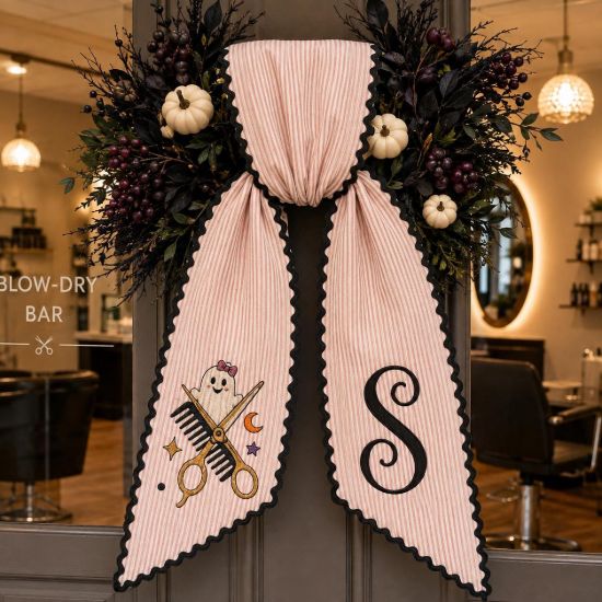 Picture of Personalized Hairstylist Halloween Wreath Sash, Custom Hairdresser Door Bow, Embroidered Salon Front Door Decor, Stylist Gift Halloween