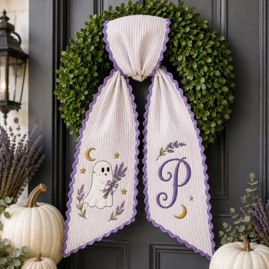 Picture of Personalized Ghost Wreath Sash, Lavender Halloween Door Bow, Custom Monogram Embroidered Wreath Bow, Cute Spooky Fall Decor Gift Halloween