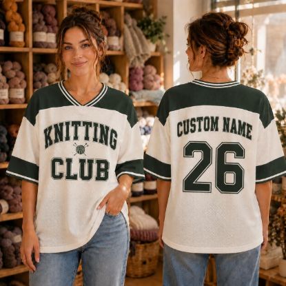Picture of Custom Knitting Club Jersey, Personalized Knitter Jersey, Custom Name Number Knitting Shirt, Crochet Lover Gift, Yarn Lover Oversized Tee