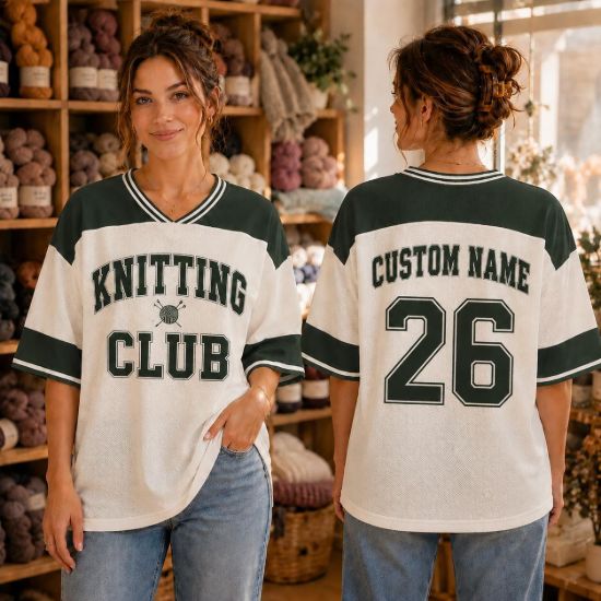 Picture of Custom Knitting Club Jersey, Personalized Knitter Jersey, Custom Name Number Knitting Shirt, Crochet Lover Gift, Yarn Lover Oversized Tee