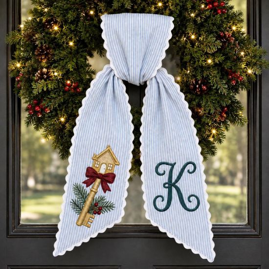 Picture of Personalized New Home Christmas Wreath Sash, Embroidered Key Wreath Sash, New Family Christmas Holiday Door Decor, Home Gift Wreath Bow