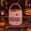 Picture of Personalized Halloween Basket, Custom Name Trick or Treat Bag, Cute Ghost Candy Bucket for Kids, Pastel Boo Basket, Halloween Gift Toddler