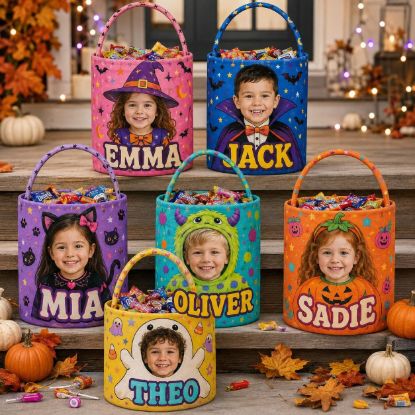Picture of Personalized Photo Halloween Basket, Custom Face Trick or Treat Bag, Kids Candy Bucket, Personalized Boo Basket, Halloween Gift for Kids