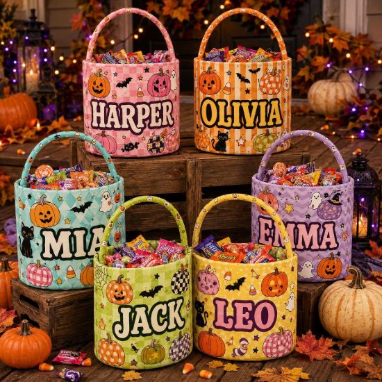 Picture of Personalized Halloween Basket, Custom Name Trick or Treat Bag, Pumpkin Candy Bucket for Kids, Cute Boo Basket, Halloween Gift for Toddler