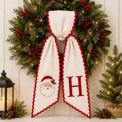 Picture of Personalized Christmas Wreath Sash, Santa Embroidered Wreath Sash, Monogram Holiday Door Decor, Custom Initial Wreath Bow, Christmas Gift