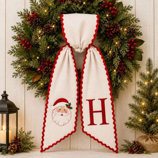 Picture of Personalized Christmas Wreath Sash, Santa Embroidered Wreath Sash, Monogram Holiday Door Decor, Custom Initial Wreath Bow, Christmas Gift