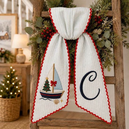 Picture of Coastal Christmas Wreath Sash, Personalized Sailboat Monogram Sash, Nautical Christmas Holiday Sash Decor, Beach House Christmas Gift