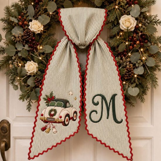 Picture of Personalized Christmas Wreath Sash, Newlywed Christmas Decor, Just Married Car Embroidered Sash, Monogram Wreath Bow, Christmas Wedding Gift