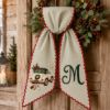Picture of Personalized Christmas Wreath Sash, Newlywed Christmas Decor, Just Married Car Embroidered Sash, Monogram Wreath Bow, Christmas Wedding Gift