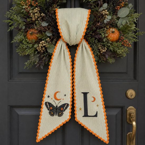 Picture of Personalized Halloween Sash, Embroidered Butterfly Monogram Sash, Spooky Moon & Stars, Green Stripe Fall Sash, Halloween Gift for Her Decor