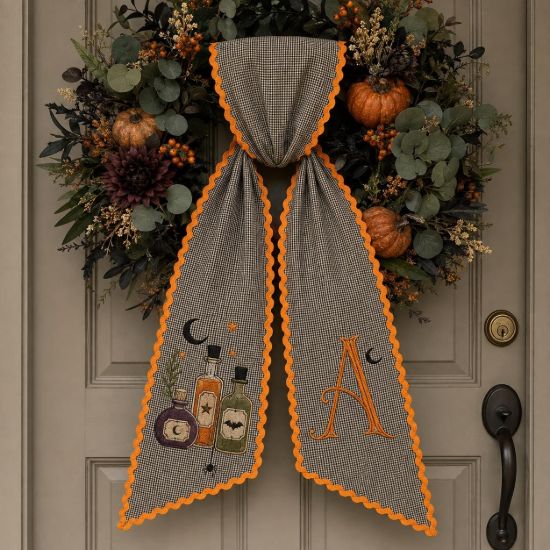 Picture of Personalized Witchy Halloween Sash, Potion Bottle Embroidered Monogram Sash, Black Gingham Spooky Season Accessory, Custom Halloween Gift