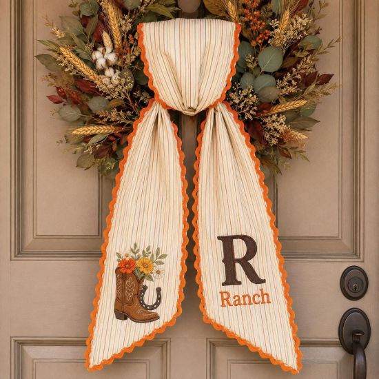 Picture of Personalized Western Fall Sash, Cowboy Boot Floral Embroidered Sash, Custom Ranch Monogram, Cowgirl Autumn Gift, Country Fall Accessory