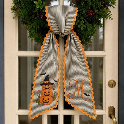 Picture of Personalized Halloween Sash, Embroidered Halloween Pumpkin Stack Monogram Sash, Black Stripe Spooky Accessory, Custom Initial Halloween Gift