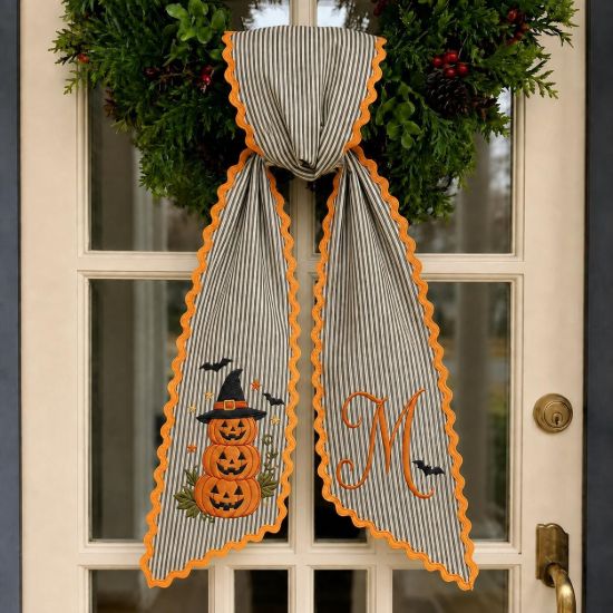 Picture of Personalized Halloween Sash, Embroidered Halloween Pumpkin Stack Monogram Sash, Black Stripe Spooky Accessory, Custom Initial Halloween Gift