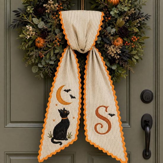 Picture of Personalized Halloween Sash, Black Cat Moon Embroidered Sash, Custom Monogram Spooky Sash, Witchy Fall Accessory, Halloween Gift for Her