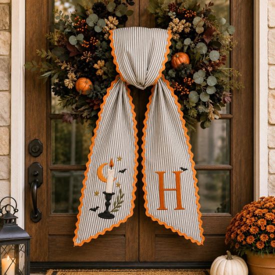 Picture of Personalized Halloween Sash, Embroidered Candle Moon Monogram Sash, Grey Stripe Spooky Accessory, Custom Initial Halloween Decor Gift