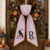 Picture of Personalized Halloween Sash, Embroidered Black Crow Monogram Sash, Lavender Stripe Spooky Halloween Accessory, Custom Initial Fall Gift