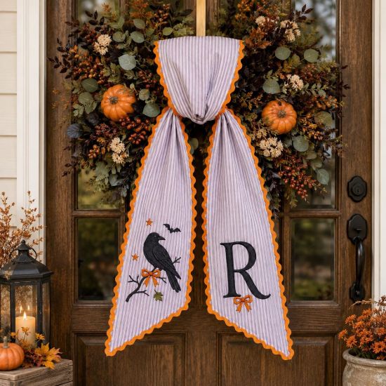 Picture of Personalized Halloween Sash, Embroidered Black Crow Monogram Sash, Lavender Stripe Spooky Halloween Accessory, Custom Initial Fall Gift