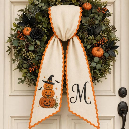 Picture of Personalized Halloween Sash, Embroidered Pumpkin Stack Monogram Sash, Witch Hat Spooky Halloween Accessory, Custom Initial Halloween Gift