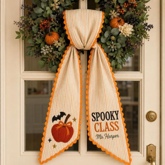 Picture of Personalized Teacher Halloween Sash, Spooky Class Embroidered Sash, Custom Teacher Name Sash, Pumpkin Fall Accessory, Teacher Halloween Gift