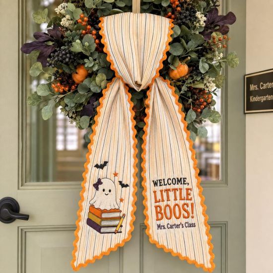 Picture of Personalized Teacher Halloween Sash, Welcome Little Boos Embroidered Sash, Custom Teacher Name, Spooky Halloween Classroom Fall Accessory
