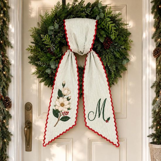 Picture of Personalized Christmas Sash, Magnolia Flower Monogram Sash, Embroidered Holiday Floral Accessory, Custom Initial Christmas Gift for Her