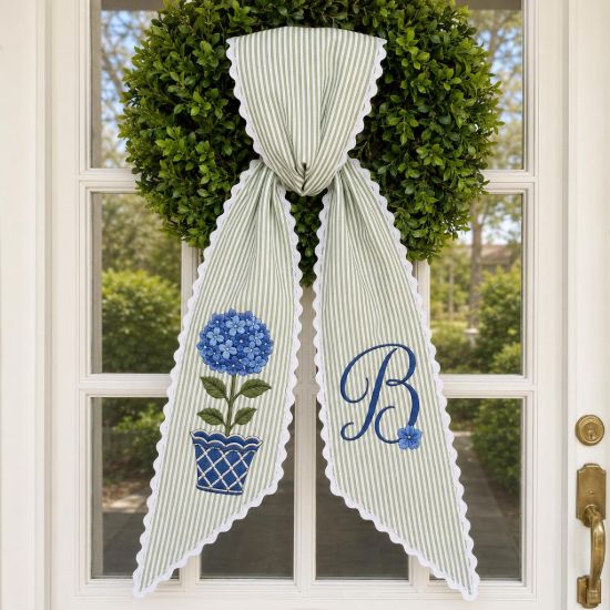Picture of Personalized Floral Sash, Embroidered Hydrangea Monogram Sash, Blue Flower Custom Initial Sash, Spring Gift for Her, Garden Party Accessory