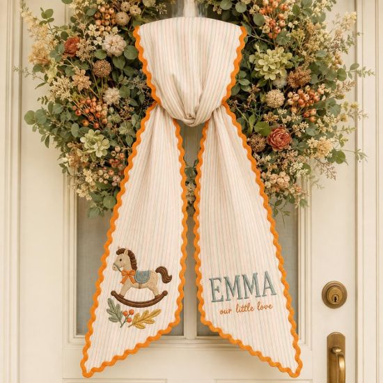 Picture of Personalized Baby Horse Fall Sash, Rocking Horse Name Embroidered Sash, Custom Baby Autumn Accessory, Baby Shower Gift, Keepsake for Girl