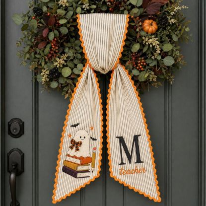 Picture of Personalized Teacher Halloween Sash, Embroidered Ghost Books Monogram Sash, Custom Teacher Name Fall Accessory, Halloween Teacher Gift Sash